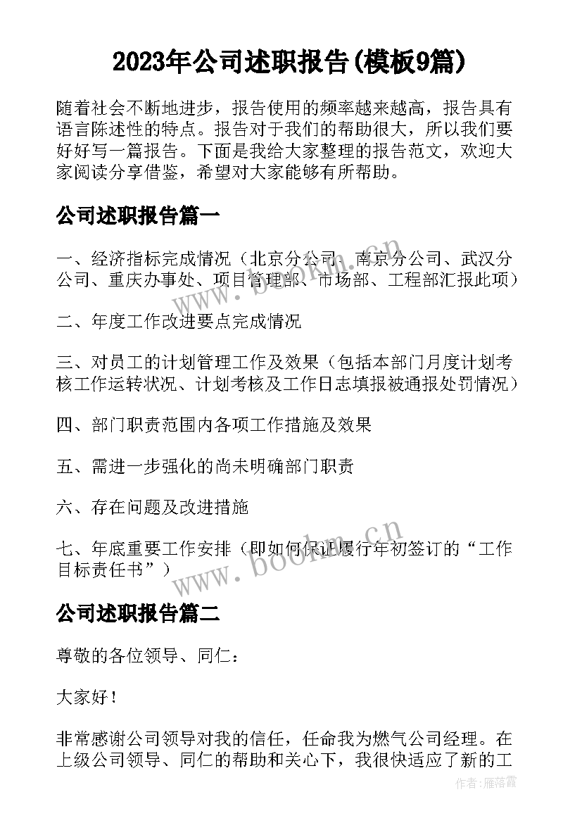 2023年公司述职报告(模板9篇)