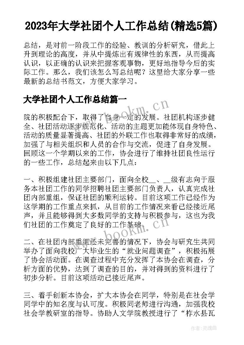 2023年大学社团个人工作总结(精选5篇)