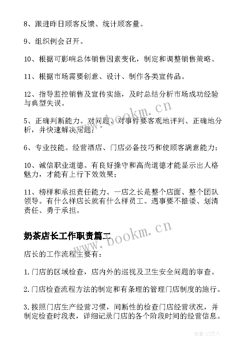 奶茶店长工作职责(模板6篇)