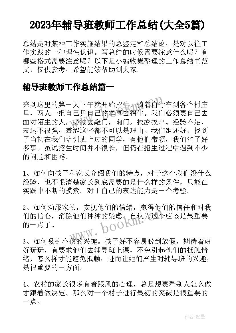 2023年辅导班教师工作总结(大全5篇)