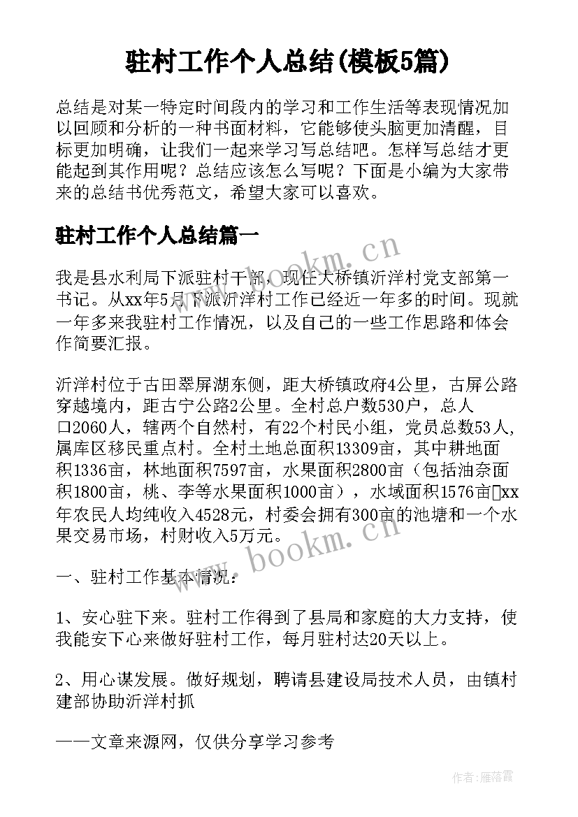 驻村工作个人总结(模板5篇)