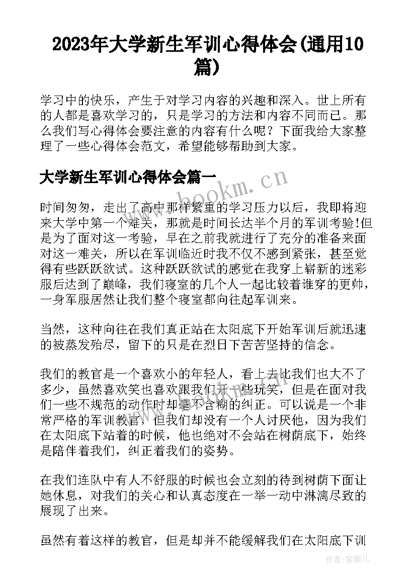 2023年大学新生军训心得体会(通用10篇)