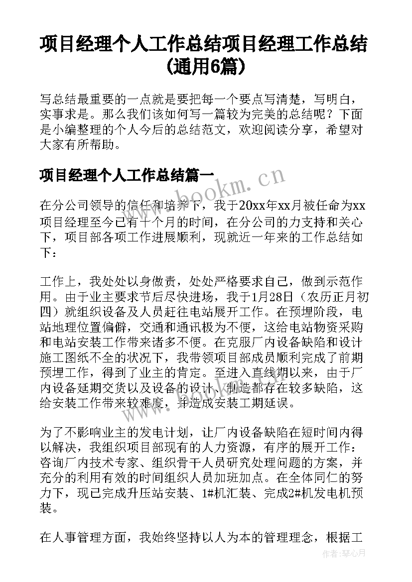 项目经理个人工作总结 项目经理工作总结(通用6篇)