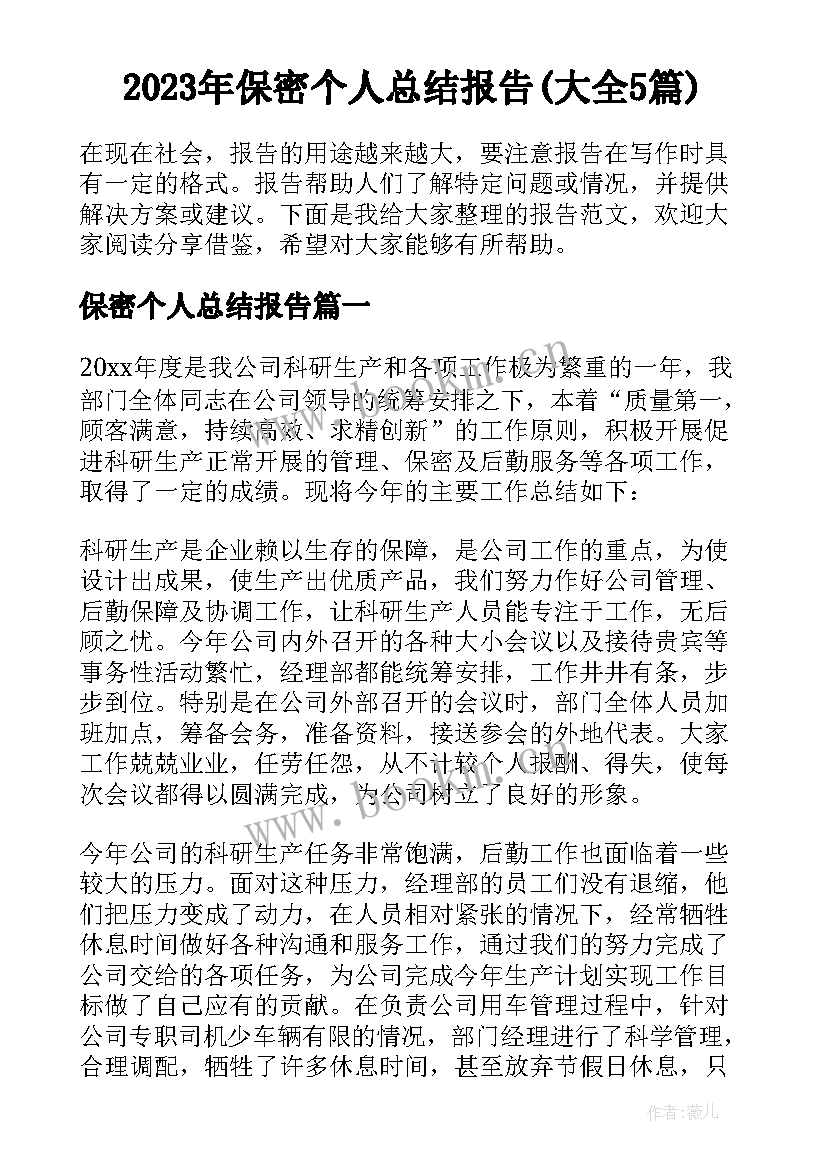 2023年保密个人总结报告(大全5篇)