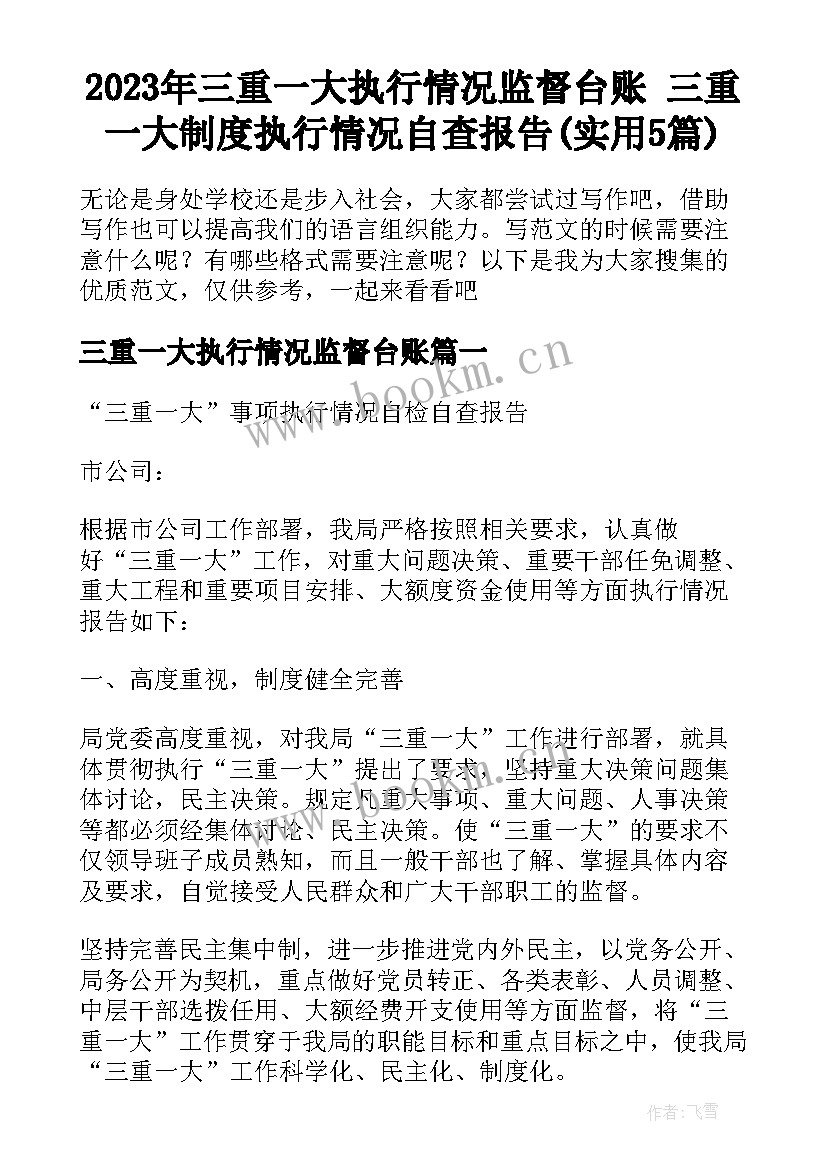 2023年三重一大执行情况监督台账 三重一大制度执行情况自查报告(实用5篇)