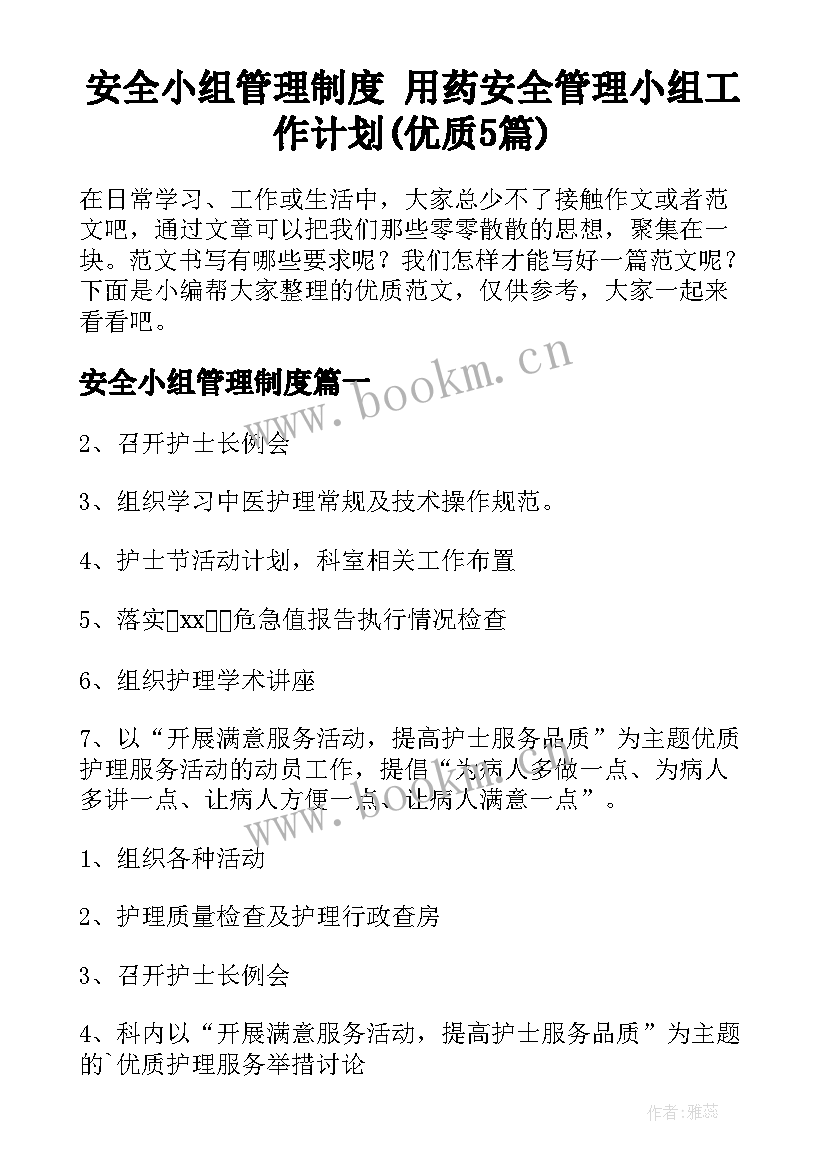 安全小组管理制度 用药安全管理小组工作计划(优质5篇)