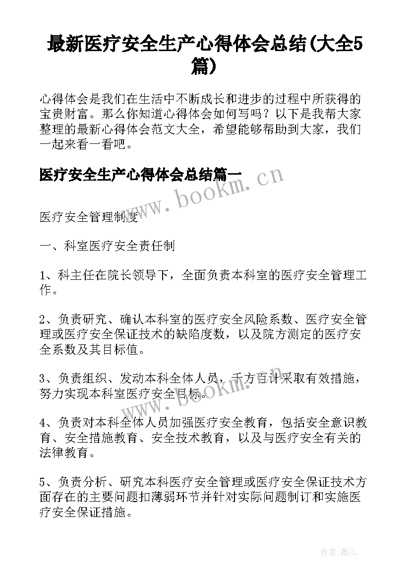 最新医疗安全生产心得体会总结(大全5篇)