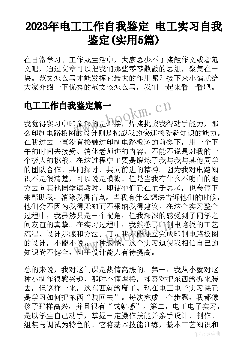 2023年电工工作自我鉴定 电工实习自我鉴定(实用5篇)