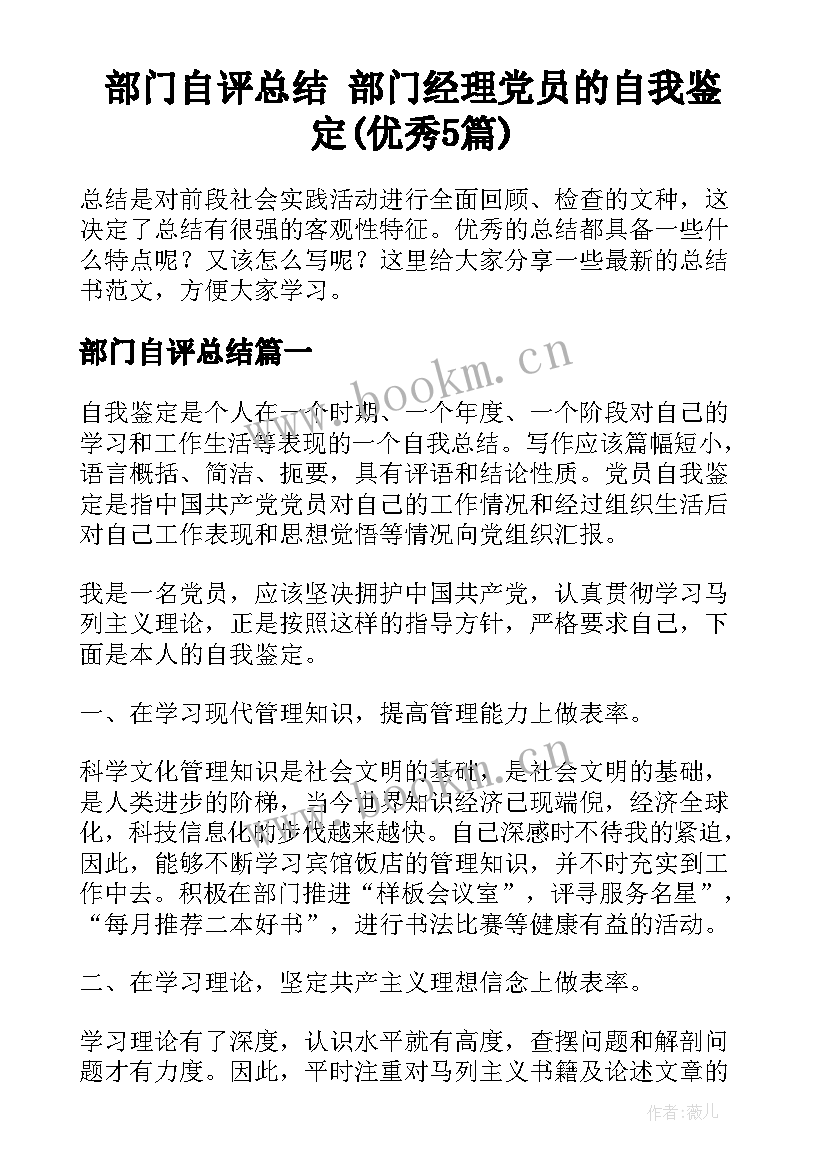 部门自评总结 部门经理党员的自我鉴定(优秀5篇)