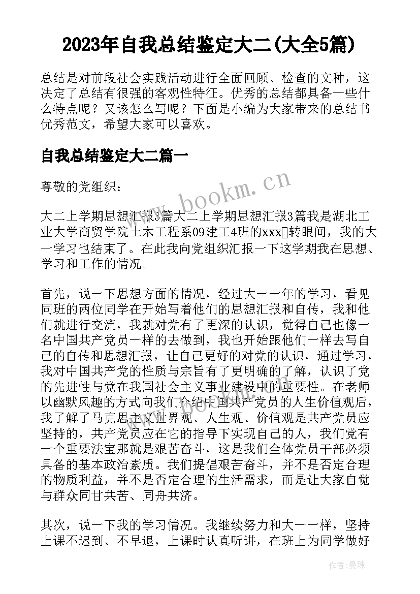 2023年自我总结鉴定大二(大全5篇)