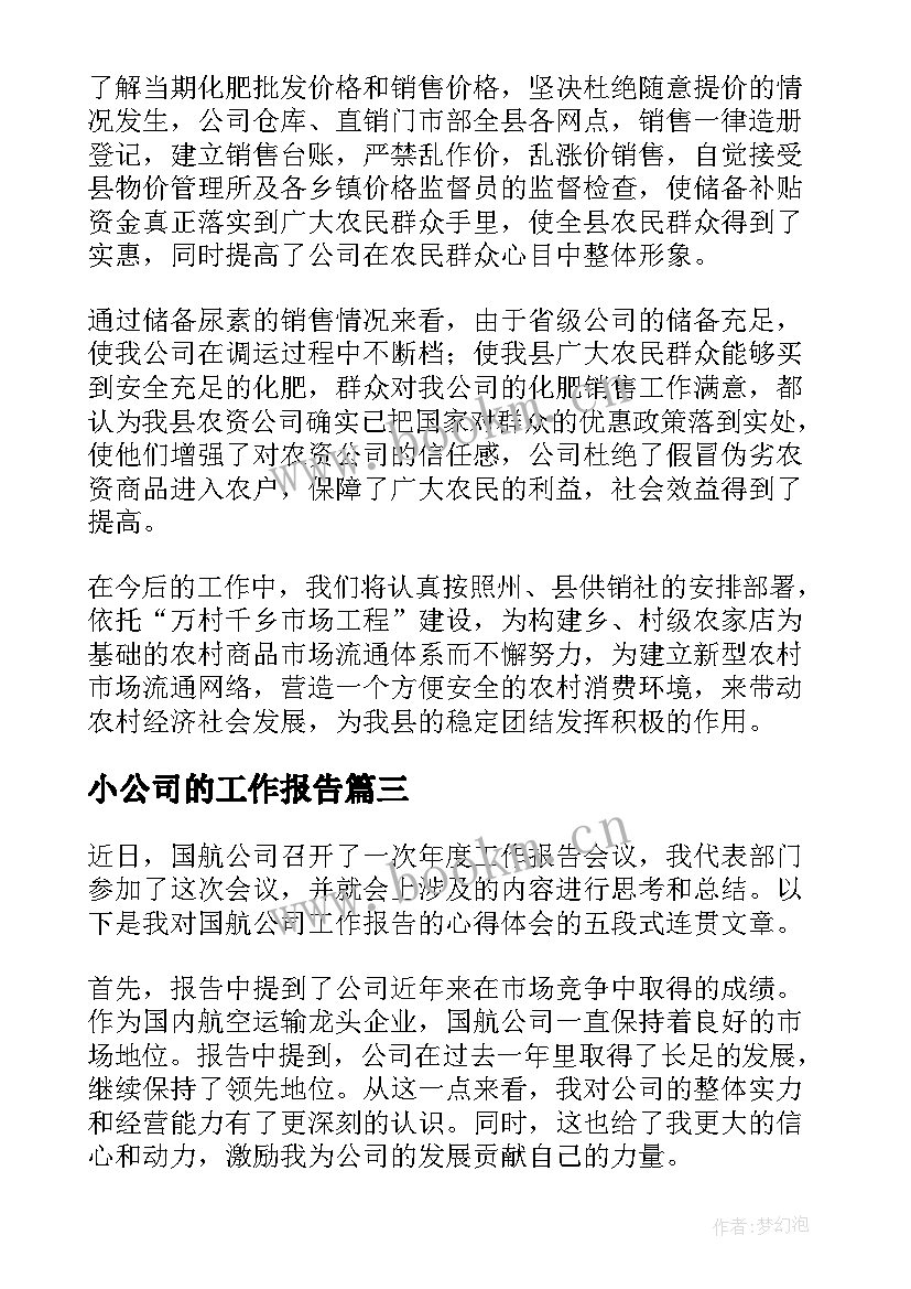 最新小公司的工作报告 公司工作报告(通用7篇)