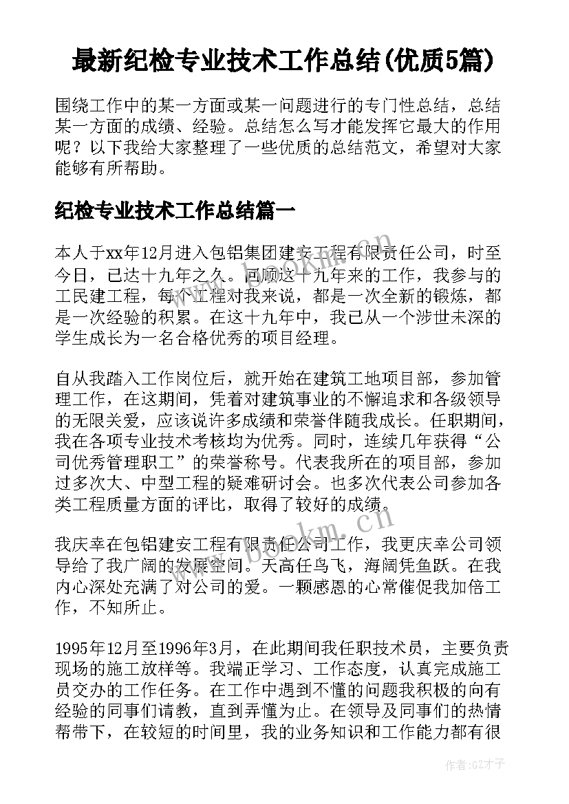 最新纪检专业技术工作总结(优质5篇)