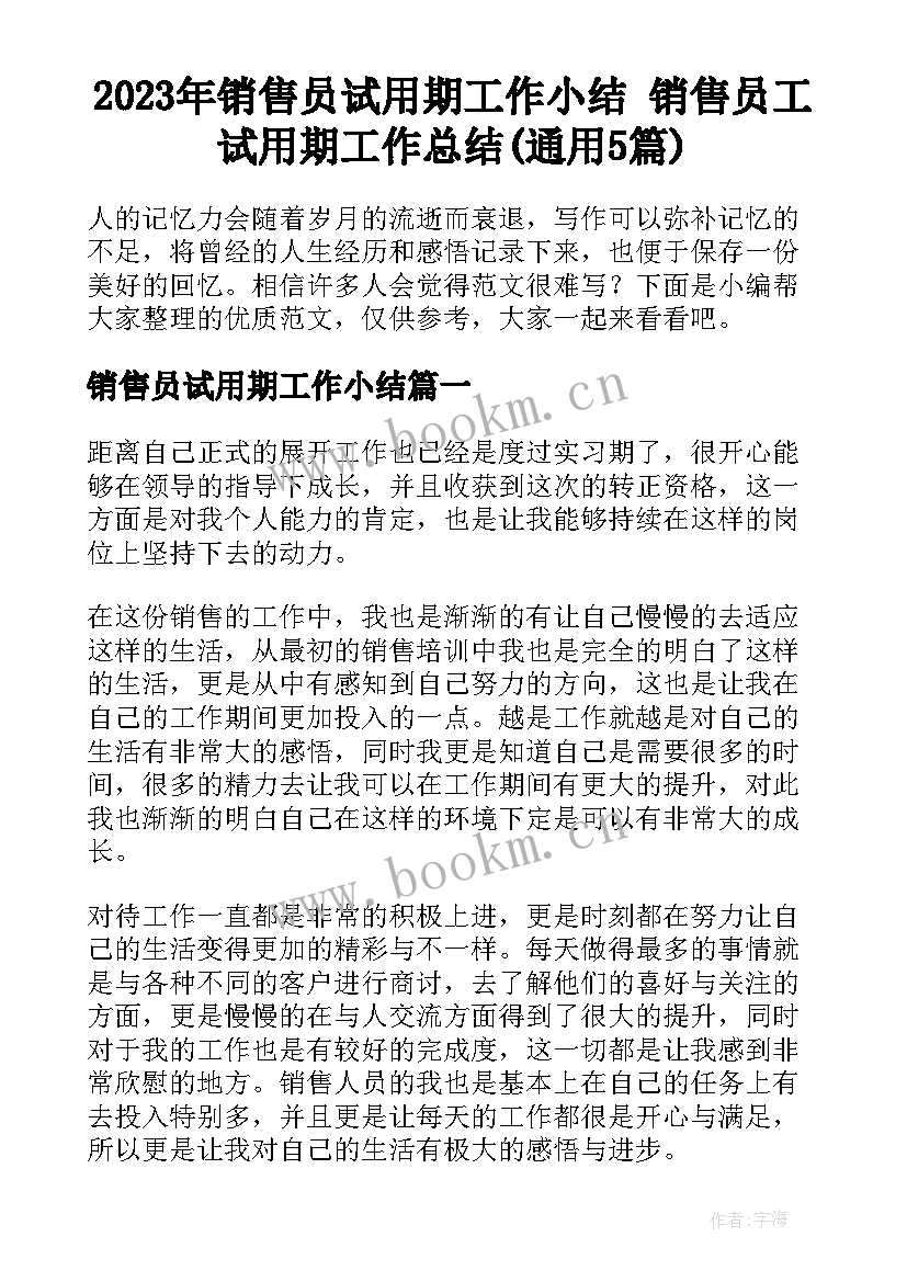 2023年销售员试用期工作小结 销售员工试用期工作总结(通用5篇)