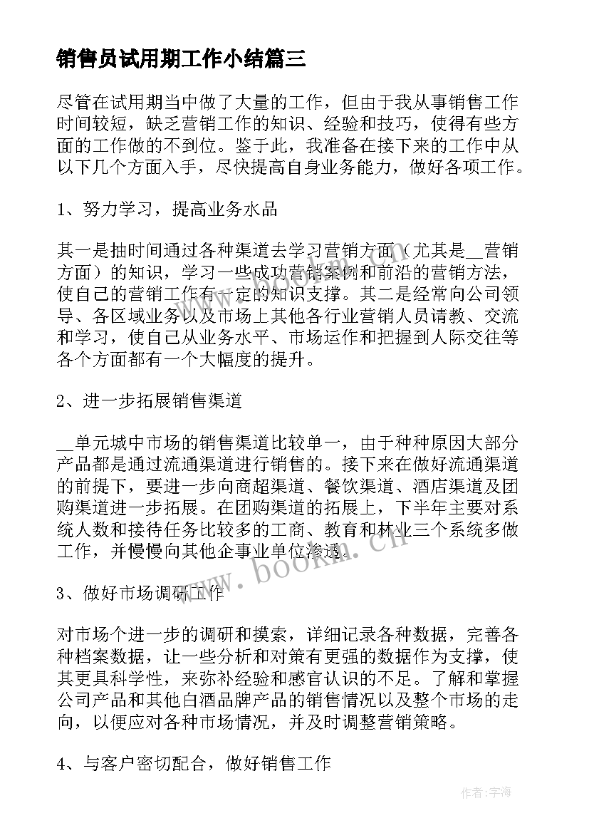 2023年销售员试用期工作小结 销售员工试用期工作总结(通用5篇)