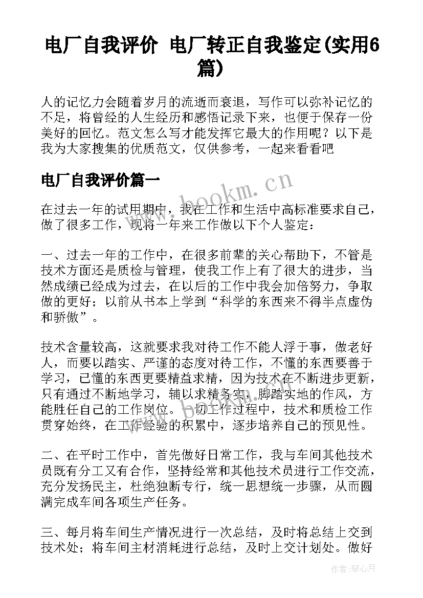 电厂自我评价 电厂转正自我鉴定(实用6篇)