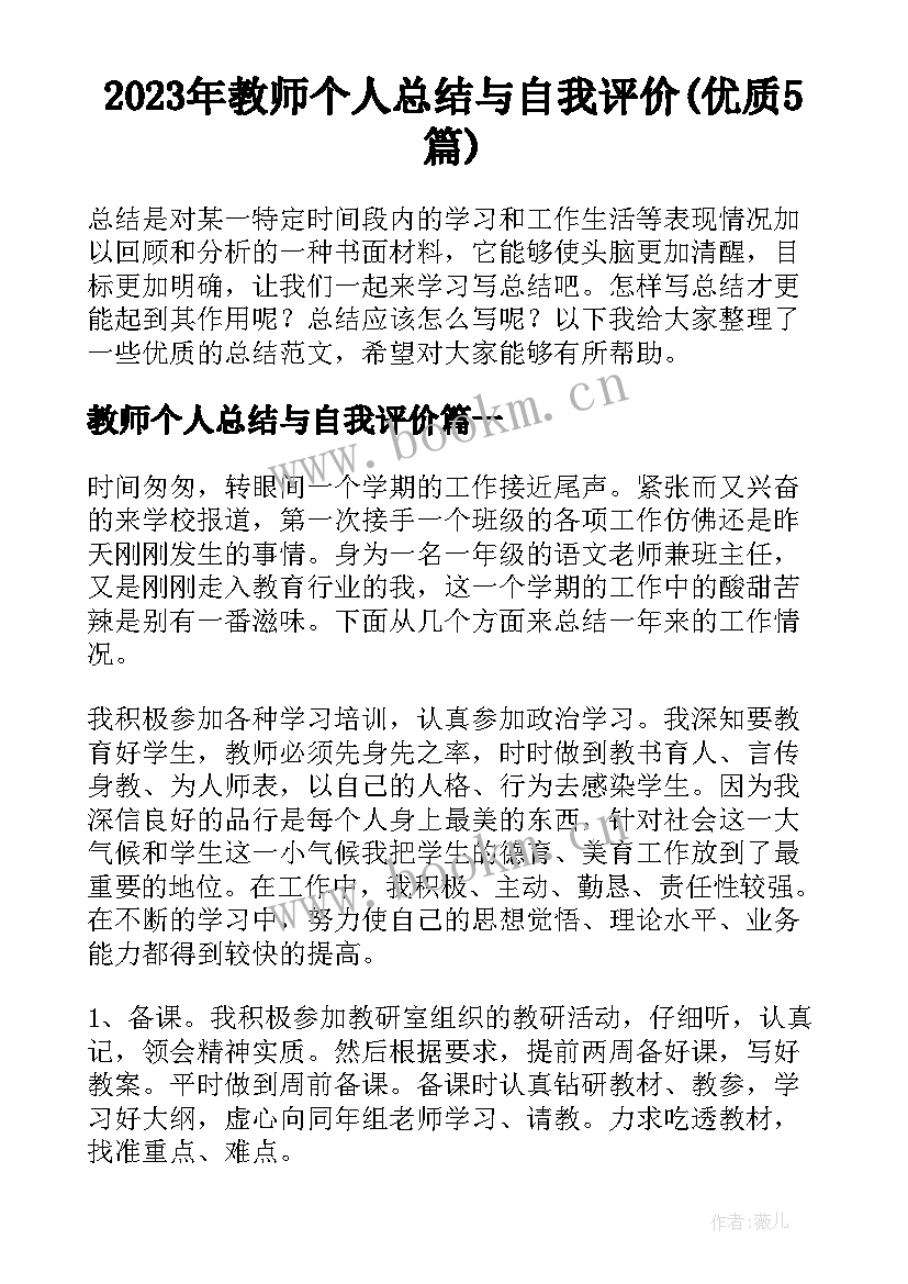 2023年教师个人总结与自我评价(优质5篇)