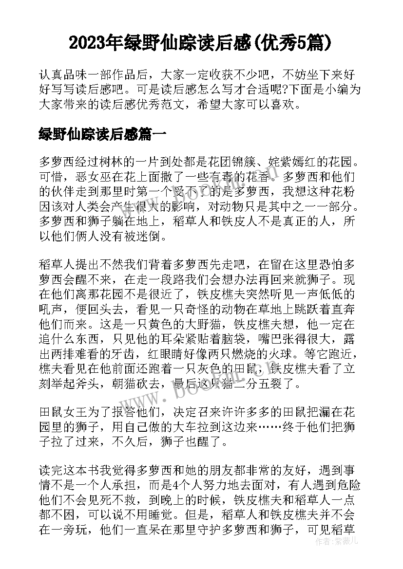 2023年绿野仙踪读后感(优秀5篇)