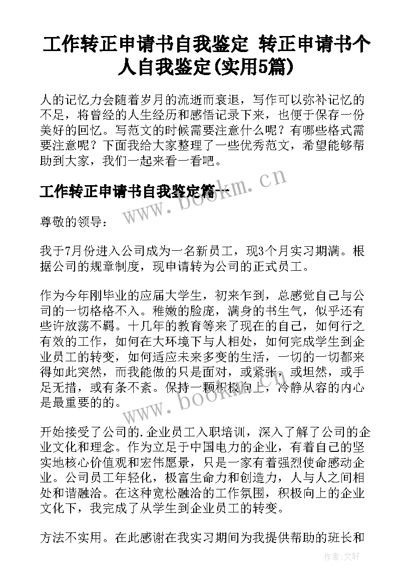 工作转正申请书自我鉴定 转正申请书个人自我鉴定(实用5篇)