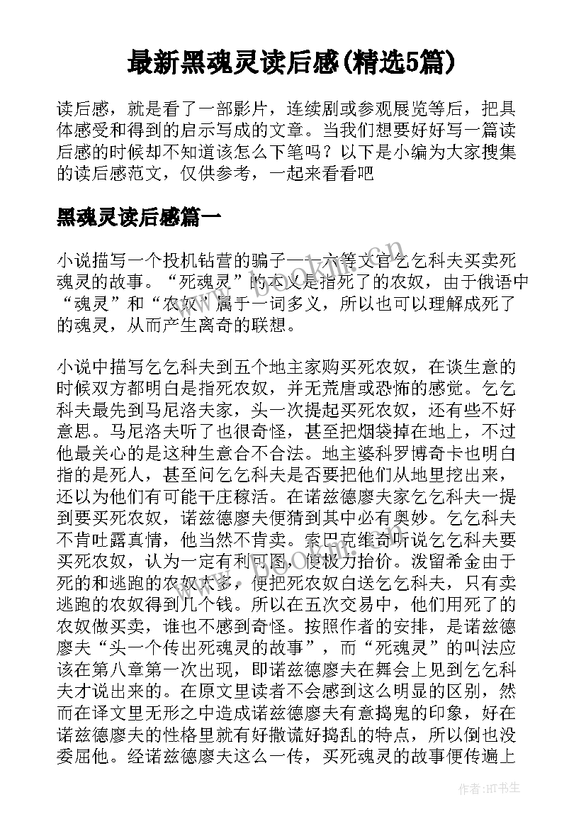 最新黑魂灵读后感(精选5篇)