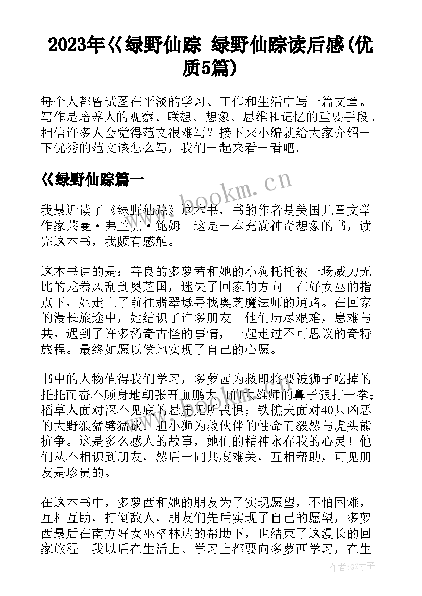 2023年巜绿野仙踪 绿野仙踪读后感(优质5篇)