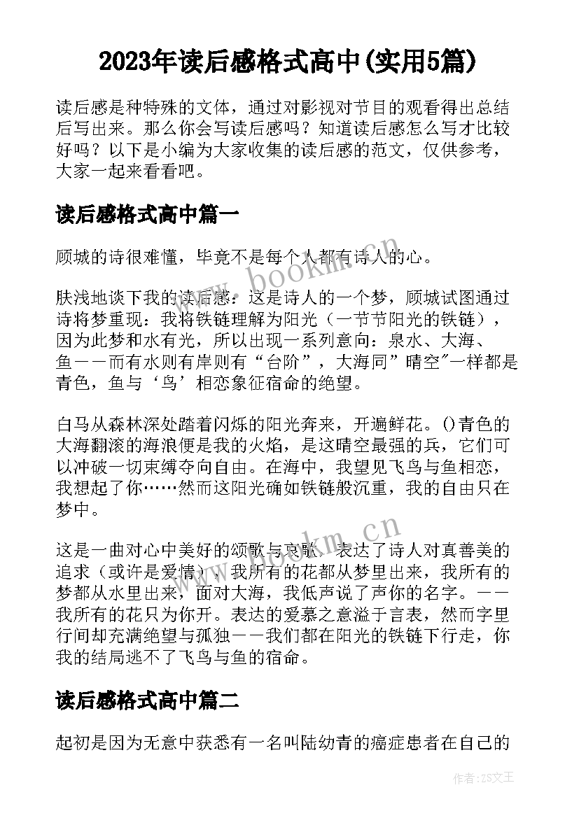 2023年读后感格式高中(实用5篇)