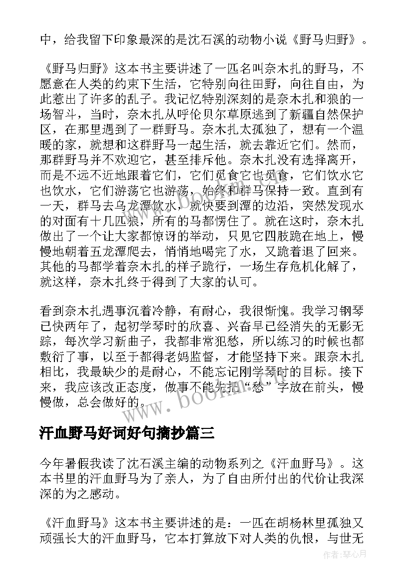 汗血野马好词好句摘抄 汗血野马读后感(汇总5篇)