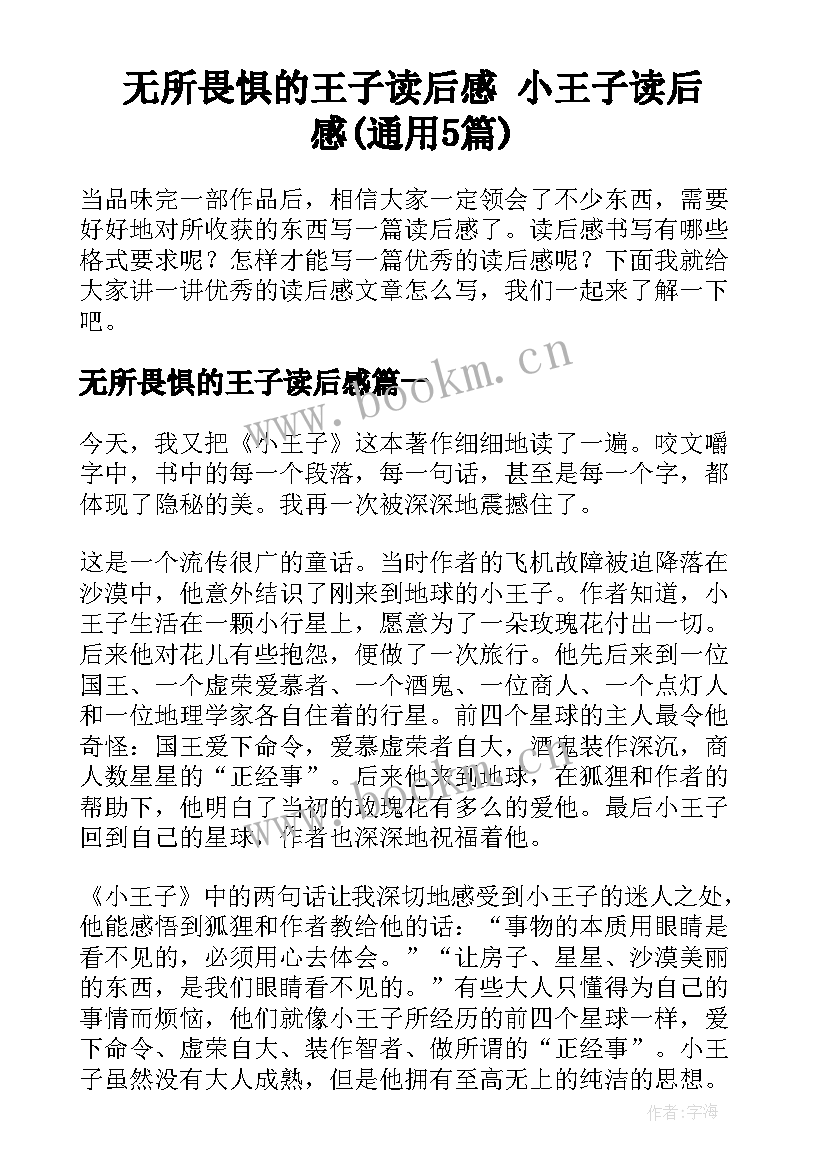 无所畏惧的王子读后感 小王子读后感(通用5篇)