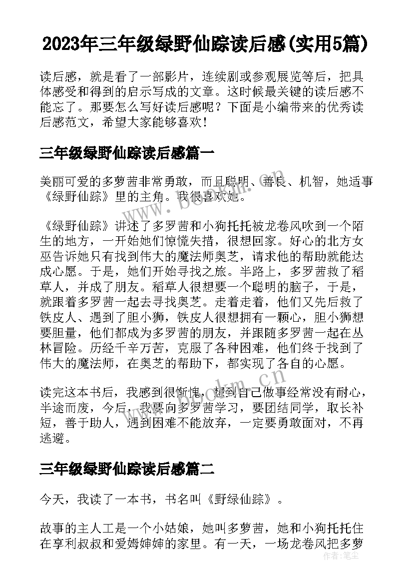 2023年三年级绿野仙踪读后感(实用5篇)