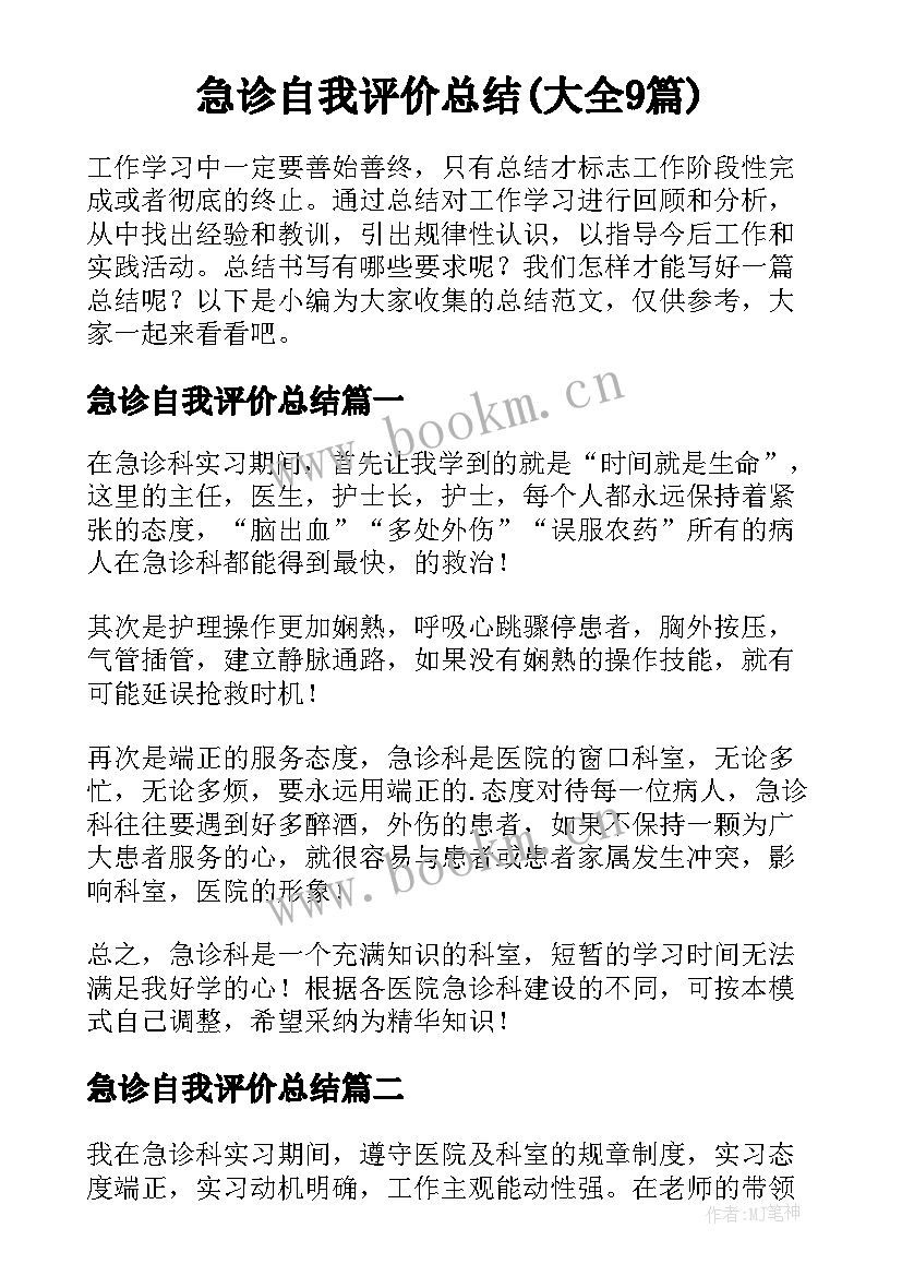 急诊自我评价总结(大全9篇)