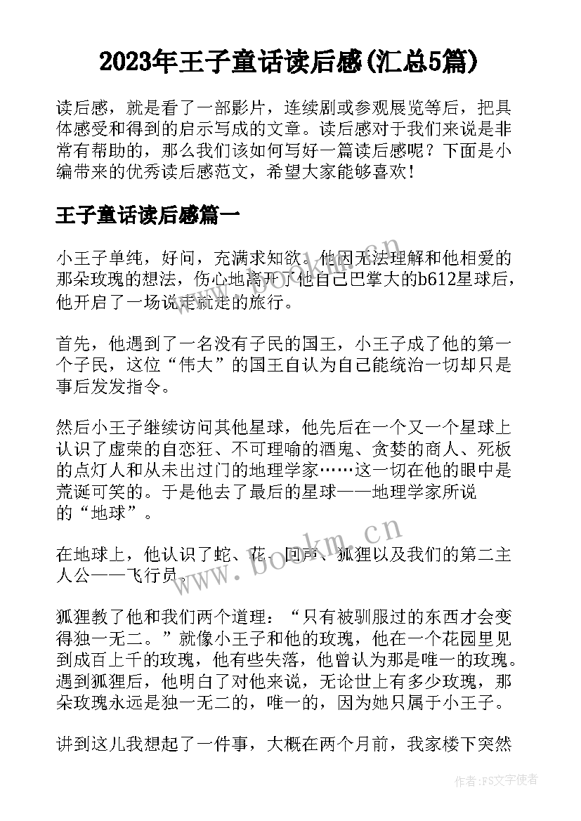 2023年王子童话读后感(汇总5篇)