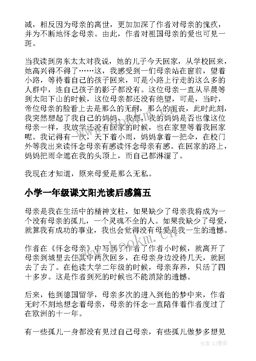 小学一年级课文阳光读后感 一年级课文怀念母亲读后感(大全5篇)