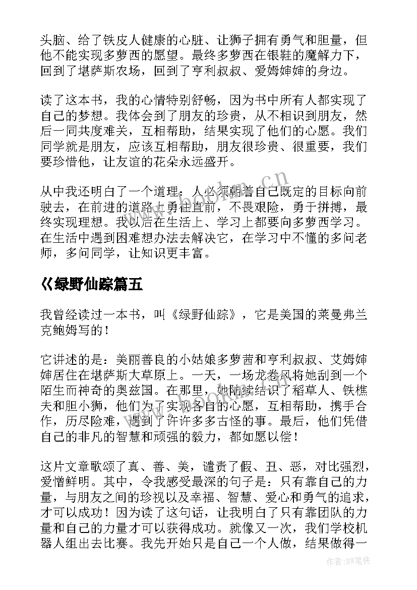 巜绿野仙踪 绿野仙踪读后感绿野仙踪读后感(精选7篇)