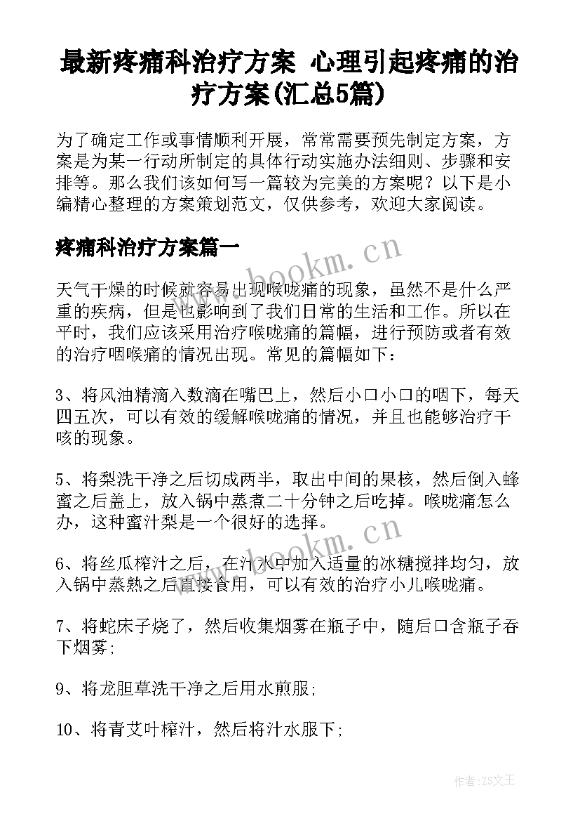 最新疼痛科治疗方案 心理引起疼痛的治疗方案(汇总5篇)