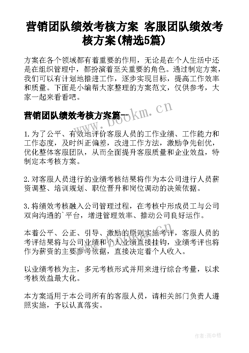 营销团队绩效考核方案 客服团队绩效考核方案(精选5篇)