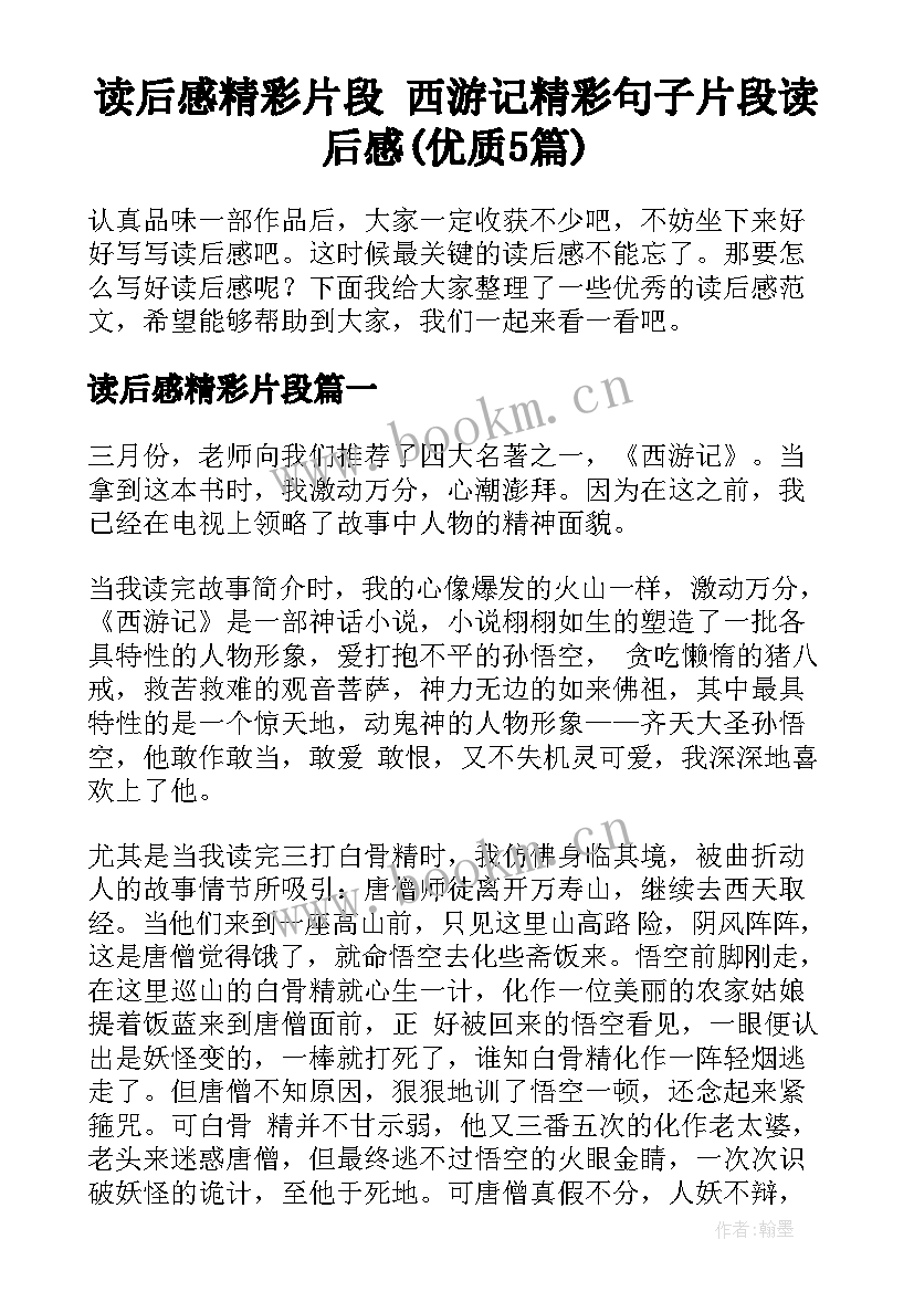 读后感精彩片段 西游记精彩句子片段读后感(优质5篇)