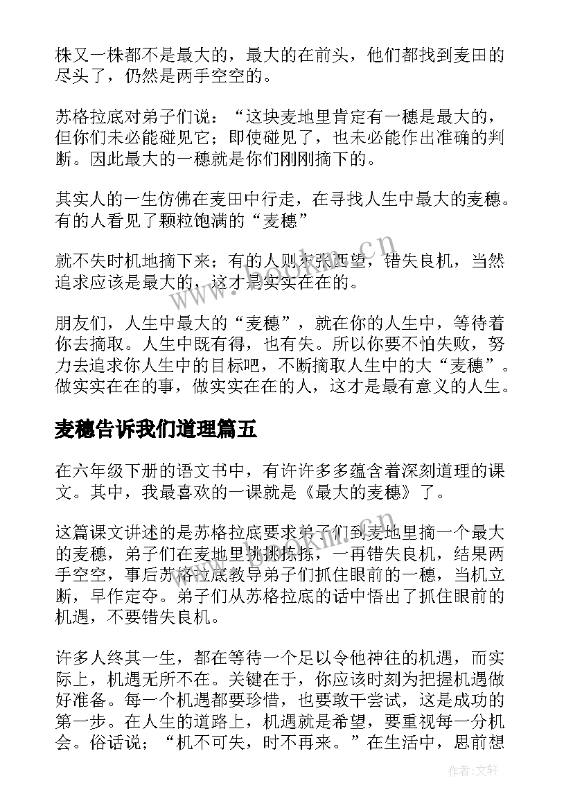 2023年麦穗告诉我们道理 最大的麦穗读后感(通用5篇)