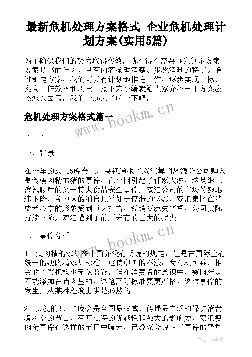 最新危机处理方案格式 企业危机处理计划方案(实用5篇)