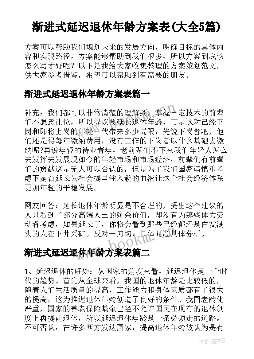 渐进式延迟退休年龄方案表(大全5篇)