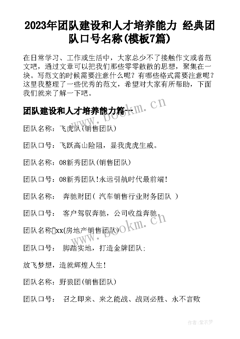 2023年团队建设和人才培养能力 经典团队口号名称(模板7篇)