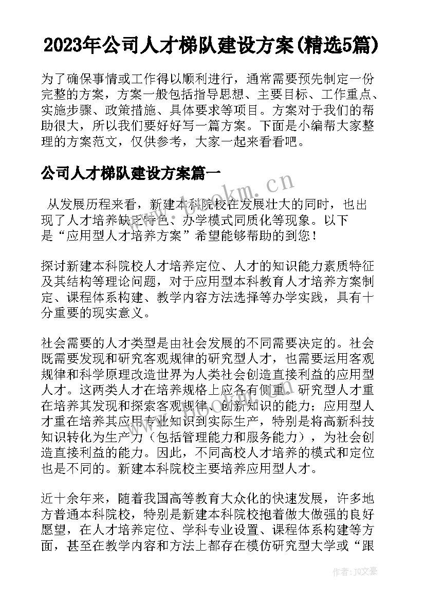 2023年公司人才梯队建设方案(精选5篇)