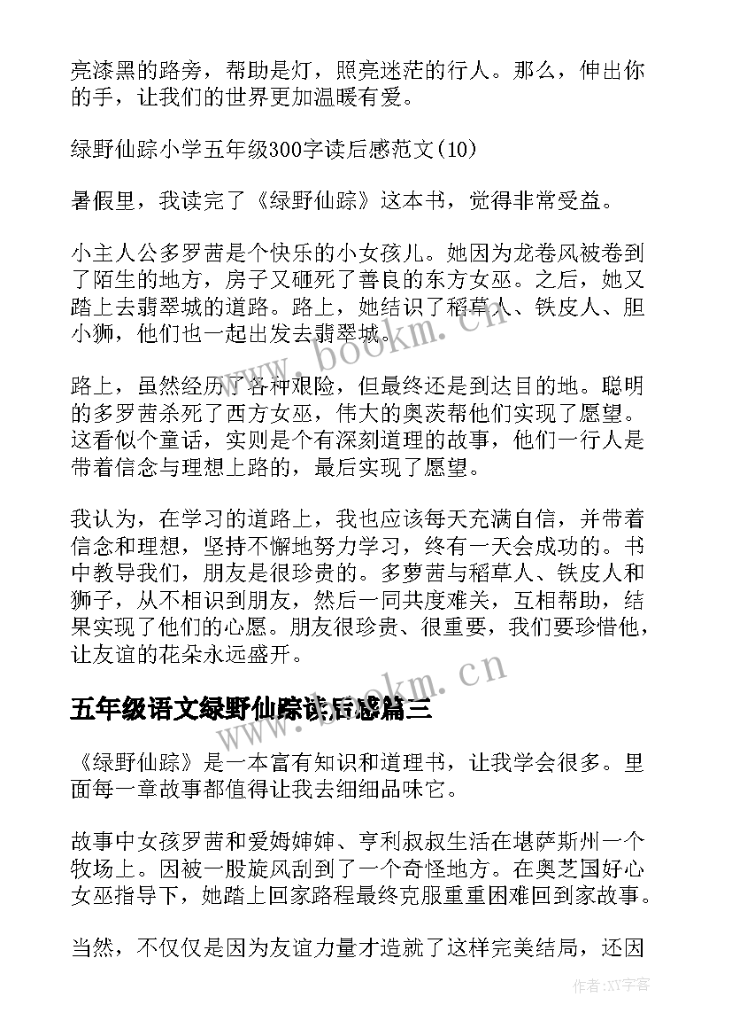 最新五年级语文绿野仙踪读后感(通用5篇)