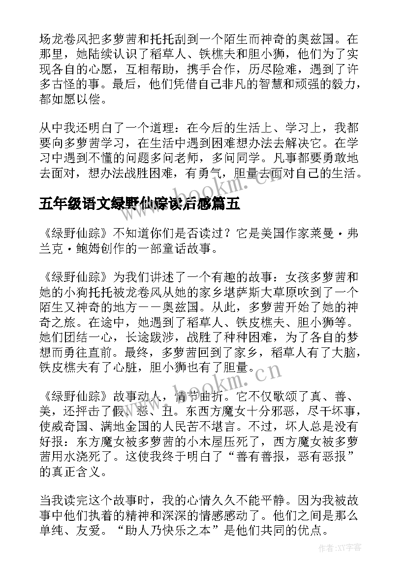 最新五年级语文绿野仙踪读后感(通用5篇)