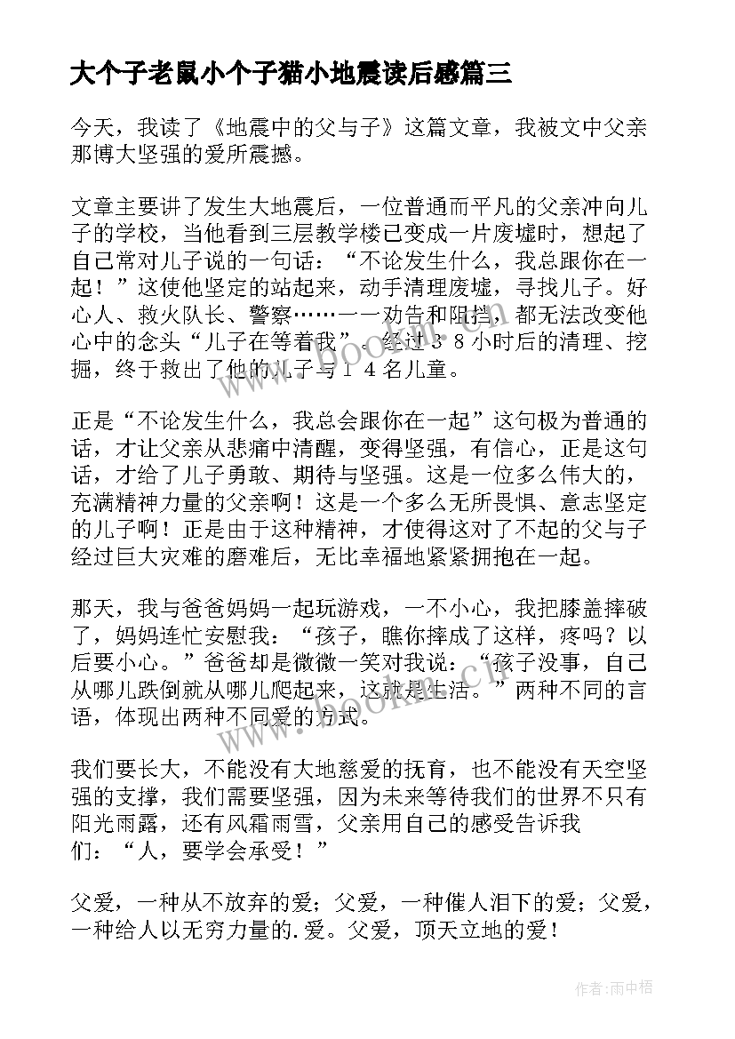 2023年大个子老鼠小个子猫小地震读后感(优质6篇)