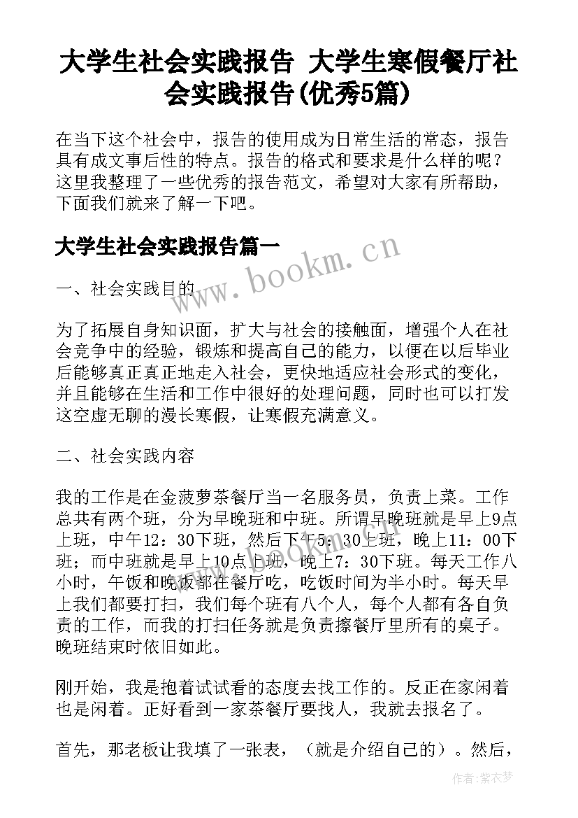 大学生社会实践报告 大学生寒假餐厅社会实践报告(优秀5篇)