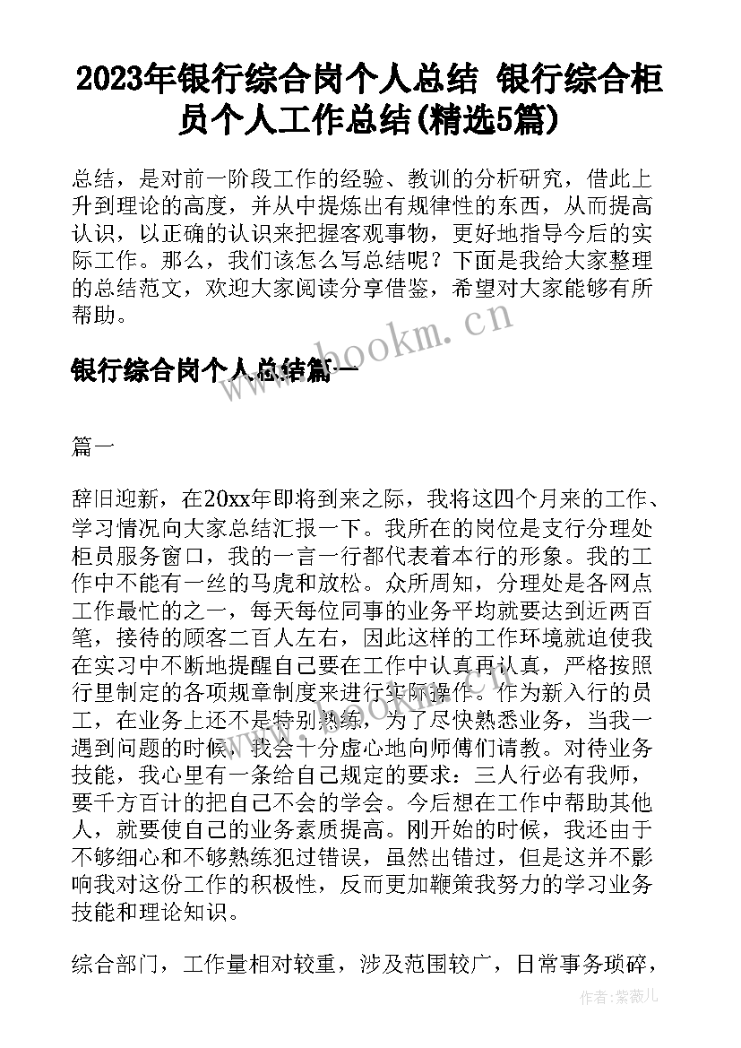 2023年银行综合岗个人总结 银行综合柜员个人工作总结(精选5篇)