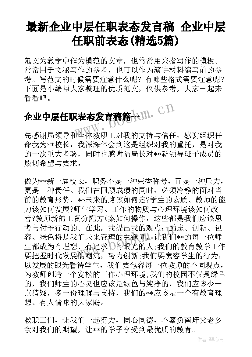 最新企业中层任职表态发言稿 企业中层任职前表态(精选5篇)