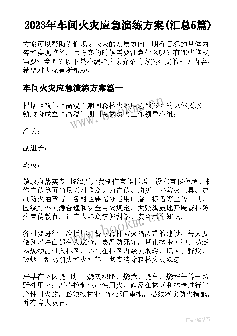 2023年车间火灾应急演练方案(汇总5篇)