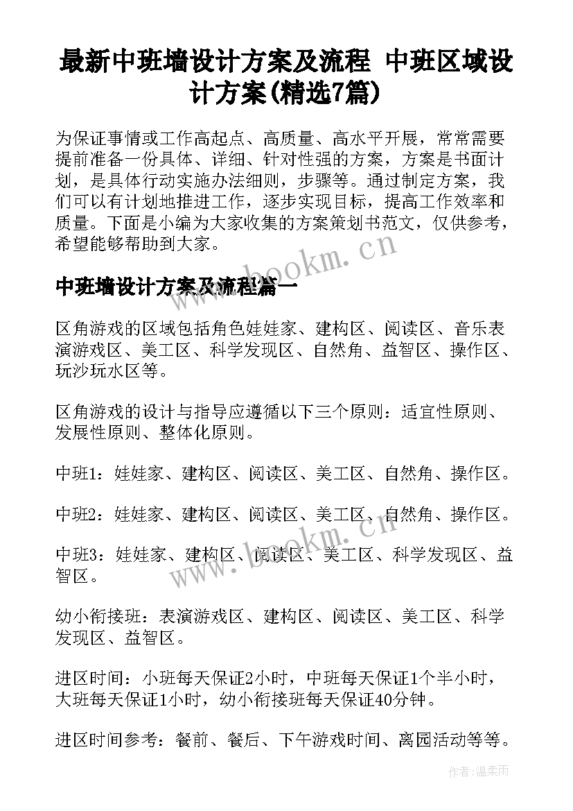 最新中班墙设计方案及流程 中班区域设计方案(精选7篇)