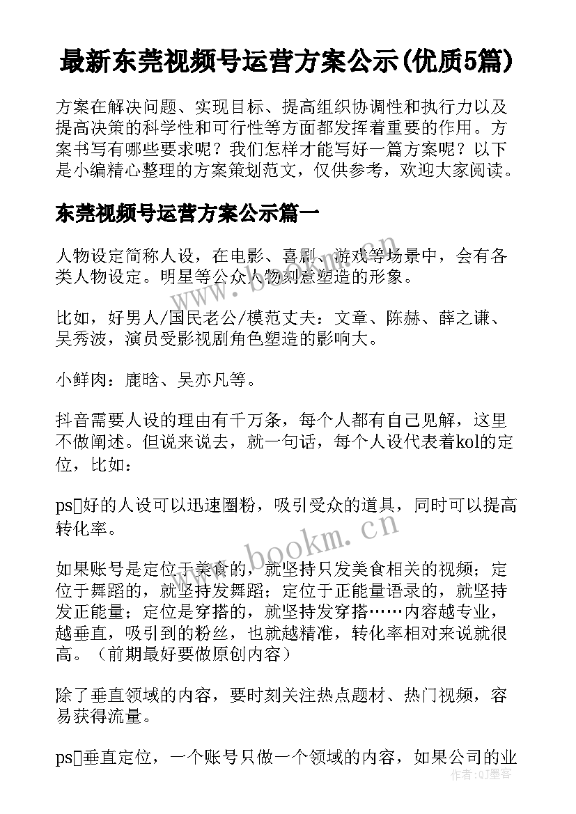 最新东莞视频号运营方案公示(优质5篇)