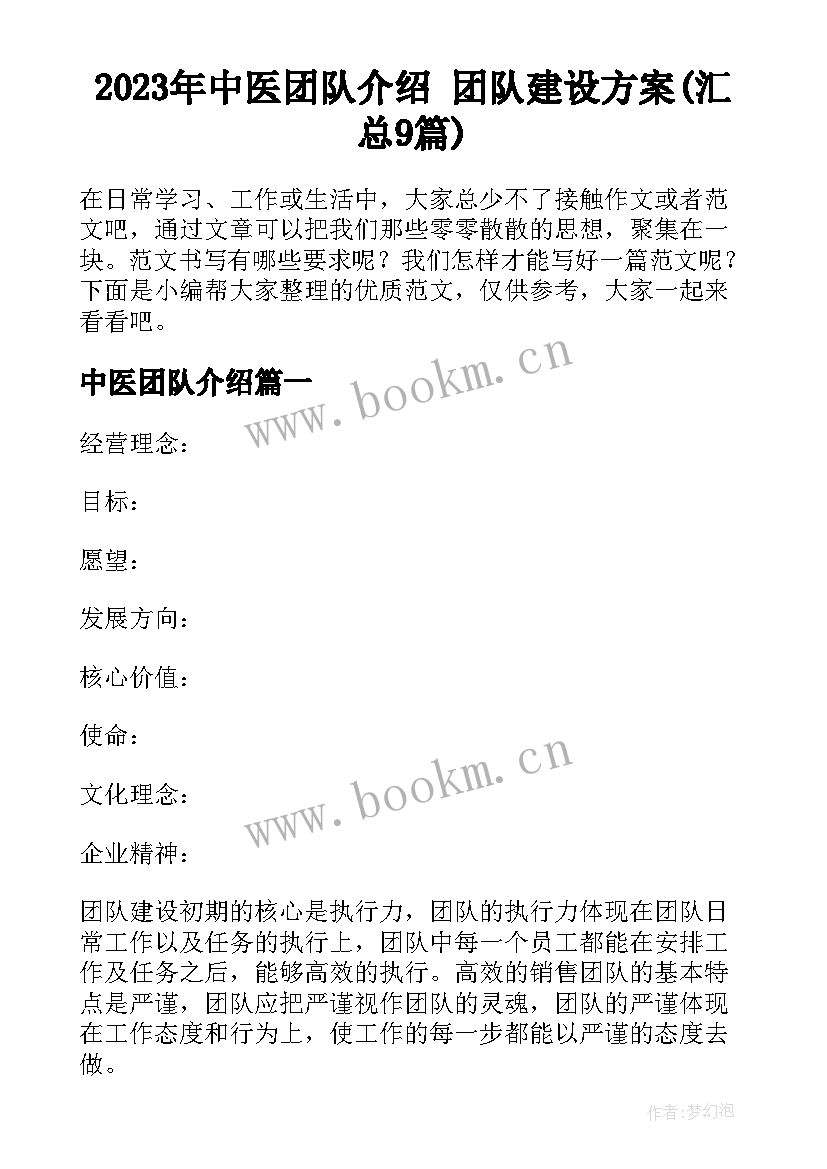 2023年中医团队介绍 团队建设方案(汇总9篇)